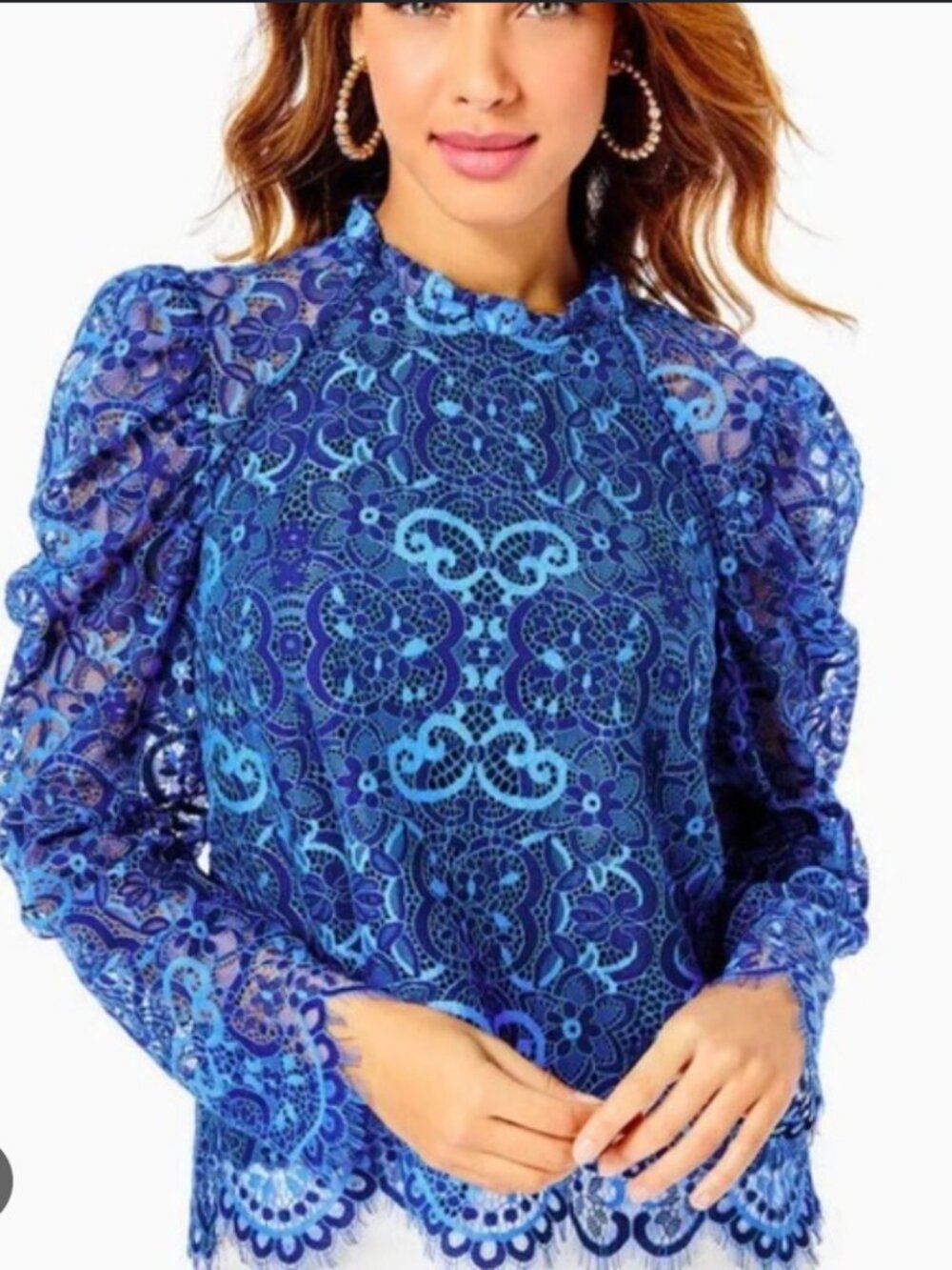 Lilly Pulitzer Averi Elegant Eyelet Lace Top-Size Large-Boca Blue $168 Retail